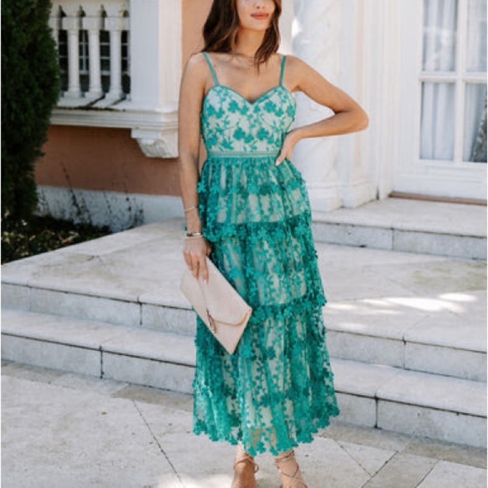 Pascal Tiered Crochet Lace Midi Dress - Teal - Extra Small